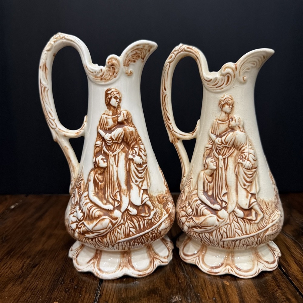 Vtg MCM Ceramic Pitcher Set (2) - Handmade Relief Scene - Dated 1961 & 1962